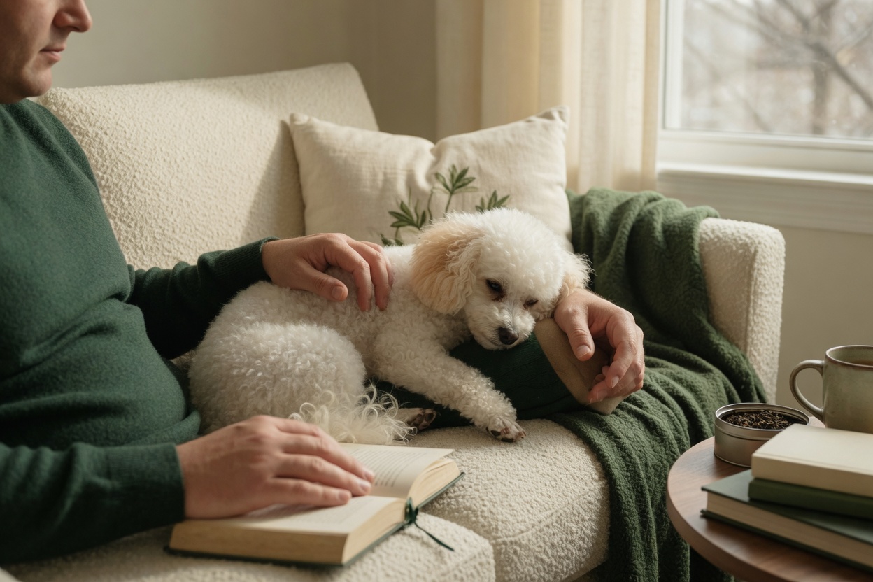 A person in a green sweater reading with a white poodle resting on their arm on a cream sofa