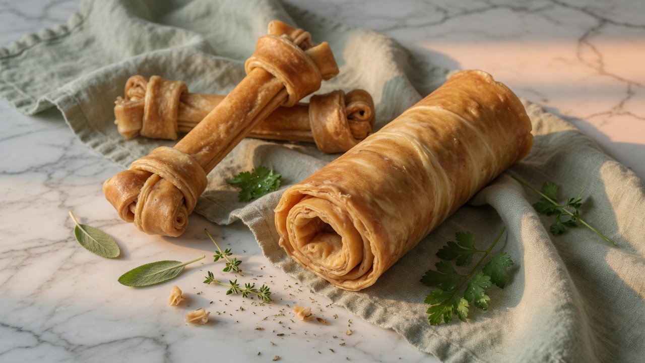 Thick natural beef hide rolls and knotted bones arranged on linen with fresh herbs